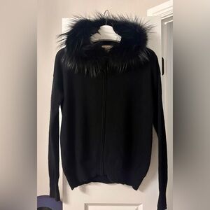 Amicale Cashmere Black Cardigan with real fox  Fur Collar